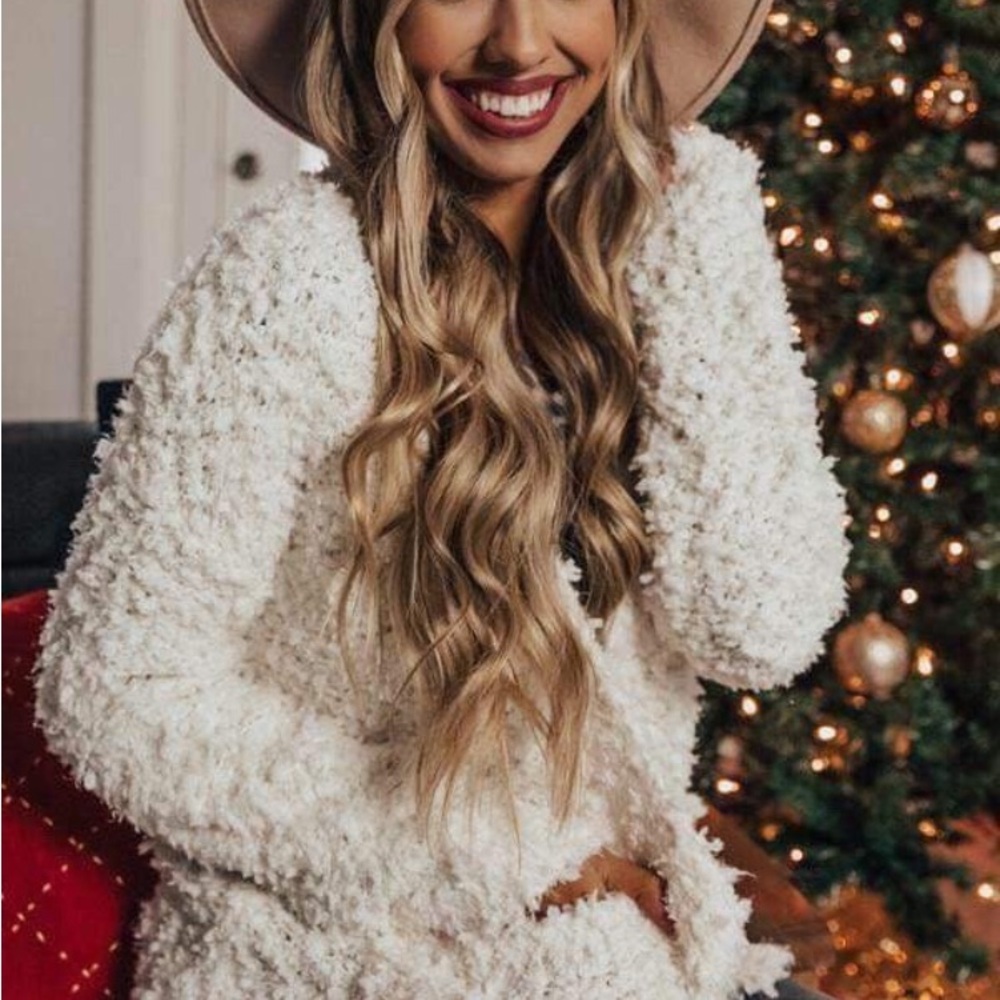 Women's Cozy White Jacket popcorn fuzzy knit cardigan